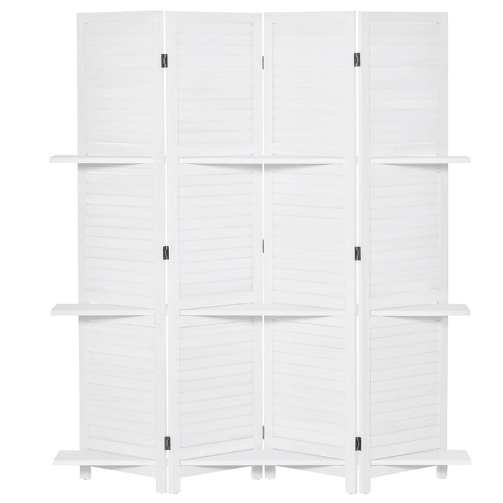 Biombo de 4 Painéis de Madeira Separador de Ambiente Dobrável com 3 Prateleiras Removíveis Desenho Persiana para Dormitório Escritório 160x170cm Branco