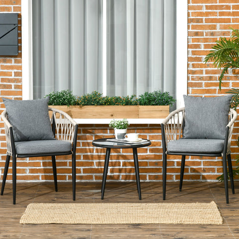 Conjunto Móveis de Jardim 3 Peças Conjunto Móveis de Exterior Incluí Mesa com Bancada de Vidro Temperado e 2 Cadeiras com Almofadas Apoio para os Braços de Corda de Polipropileno Cinza