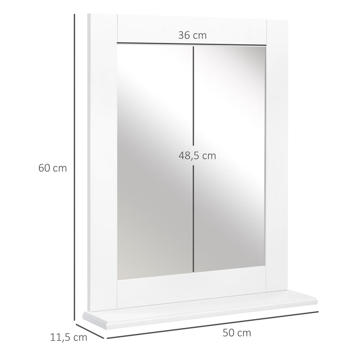 Espelho de Casa de Banho 50x11,x5x60cm Espelho de Parede Moderno com Prateleira de Armazenamento e Estrutura de Madeira para Dormitório Casa de Banho Branco