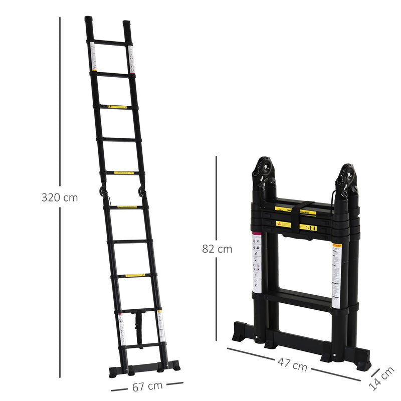 Escada Telescópica dobrável multiuso quadro em A 150kg Alumínio 320x67x7 cm Preto