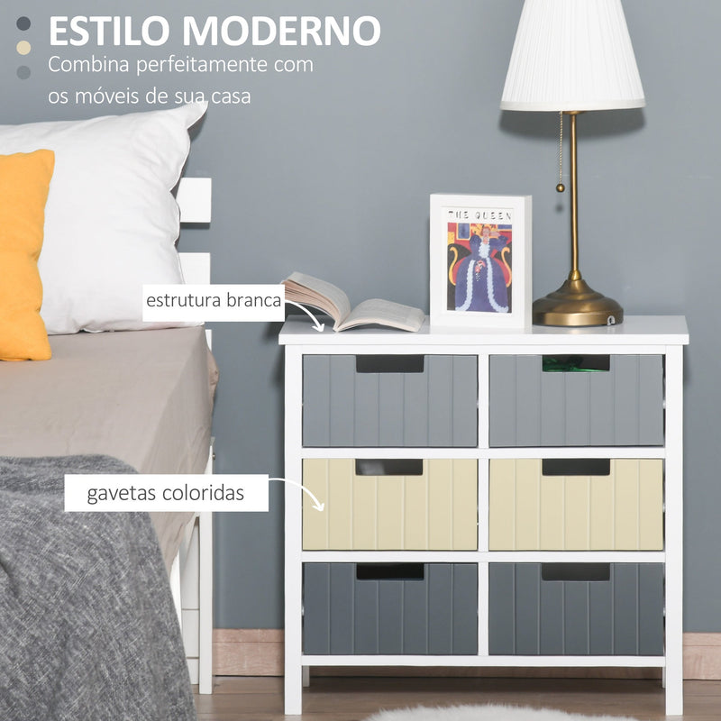 Cómoda de Madeira com 6 Gavetas Cómoda Auxiliar de Armazenamento com Pés Elevados Estilo Moderno para Dormitórios Sala de Estar Casa de Banho 60x28x58cm Multicor