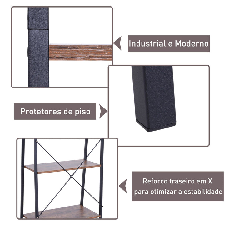 Prateleira de estante de escada industrial com 4 prateleiras escalonado 60x35x145cm aço e madeira