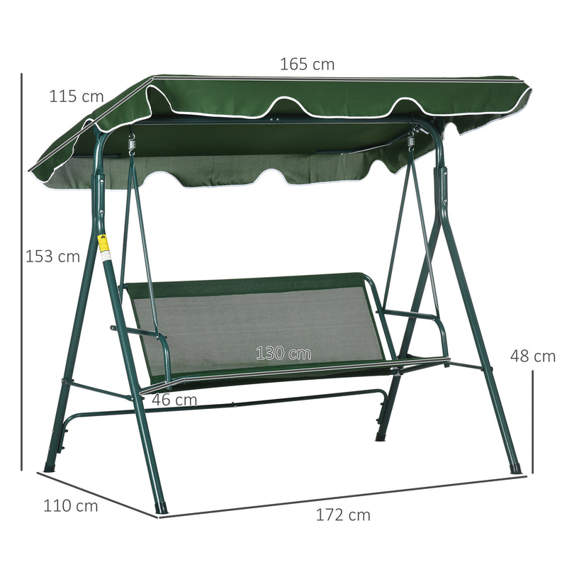 Baloiço de Jardim de 3 Lugares com Almofada Toldo Ajustável e Estrutura de Metal para Balcão Terraço Patio Carga Máx. 300kg 172x110x153cm Verde e Branco