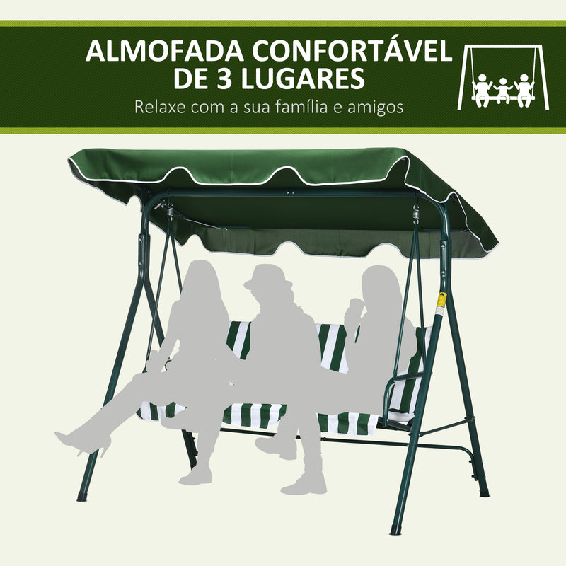 Baloiço de Jardim de 3 Lugares com Almofada Toldo Ajustável e Estrutura de Metal para Balcão Terraço Patio Carga Máx. 300kg 172x110x153cm Verde e Branco