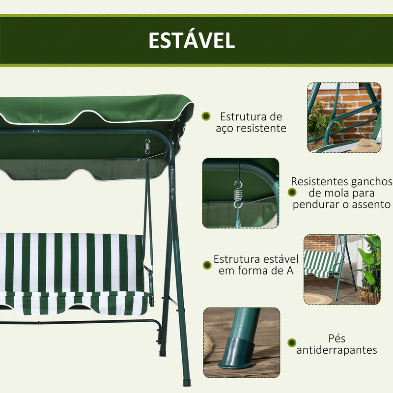 Baloiço de Jardim de 3 Lugares com Almofada Toldo Ajustável e Estrutura de Metal para Balcão Terraço Patio Carga Máx. 300kg 172x110x153cm Verde e Branco