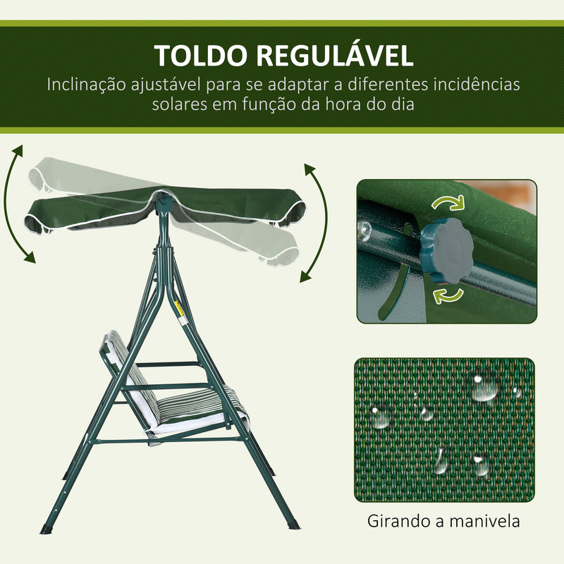 Baloiço de Jardim de 3 Lugares com Almofada Toldo Ajustável e Estrutura de Metal para Balcão Terraço Patio Carga Máx. 300kg 172x110x153cm Verde e Branco