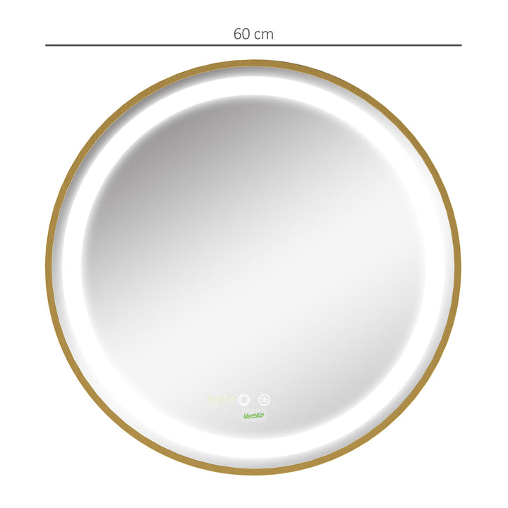 Espelho Casa de Banho com Luz LED Ø60x4cm Espelho Redondo com Interruptor Tátil 3 Luzes Ajustáveis Visualização de Temperatura e Hora Função de Memória Estrutura de Alumínio Dourado