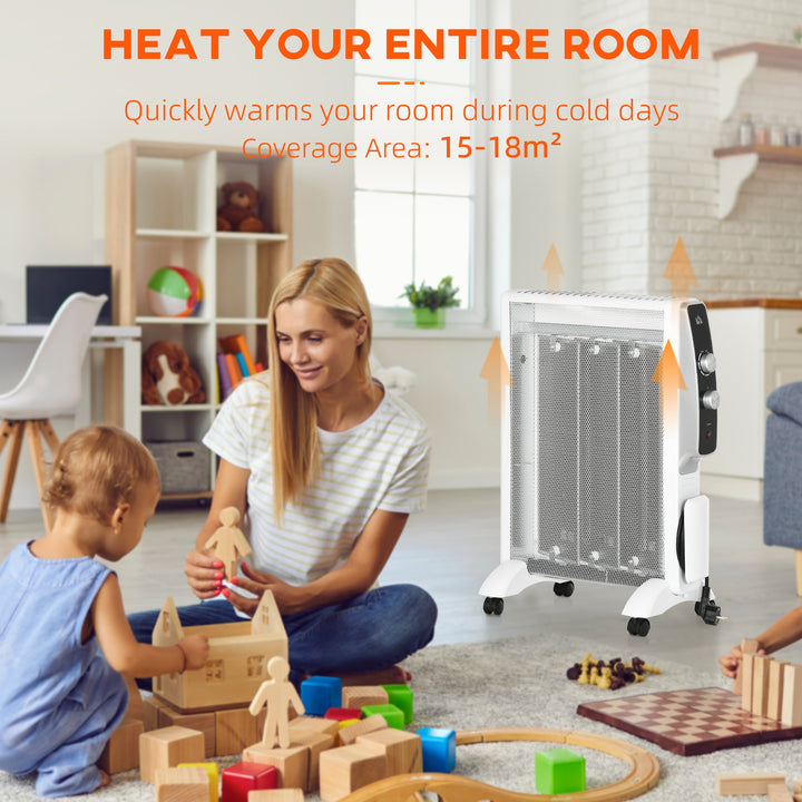 Aquecedor Elétrico 750W/1500W Aquecedor de Mica com Ecrã LED Controlo Remoto Termostato Temporizador e 4 Rodas para Área 15-18 m² 47x26,5x61,5cm Branco