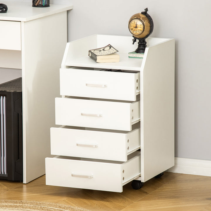 Bloco de Gavetas Móvel Auxiliar com 4 Gavetas Bancada Superior de Armazenamento 4 Rodas e 2 Freios para Estúdio Escritório 40x36x65cm Branco