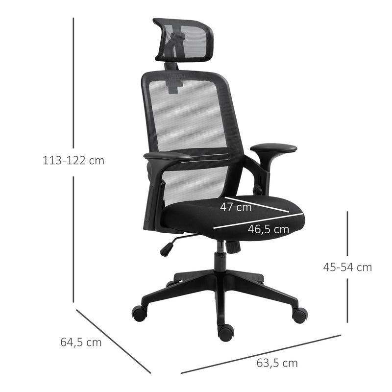 Cadeira de Escritório Ergonômica Giratória com Altura Ajustável Apoio para a Cabeça Suporte Lombar Reguláveis e Encosto Transpirável 63,5x64,5x113-122cm Preto