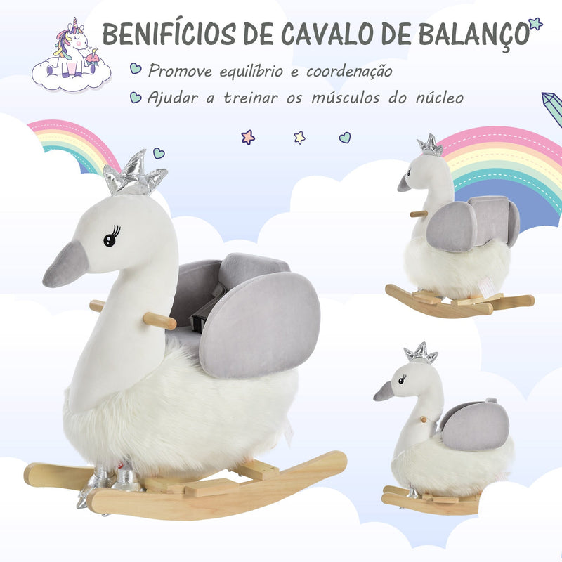 Cavalo de balanço para bebê acima de 18 meses em forma de cisne com som 60x33x59 branco e cinza