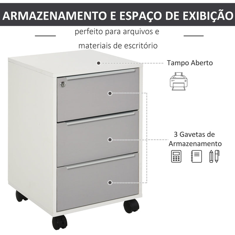 Armário de arquivo móvel para escritório com 3 gavetas Rodas de trava 40x40x63,5 cm Branco e cinza