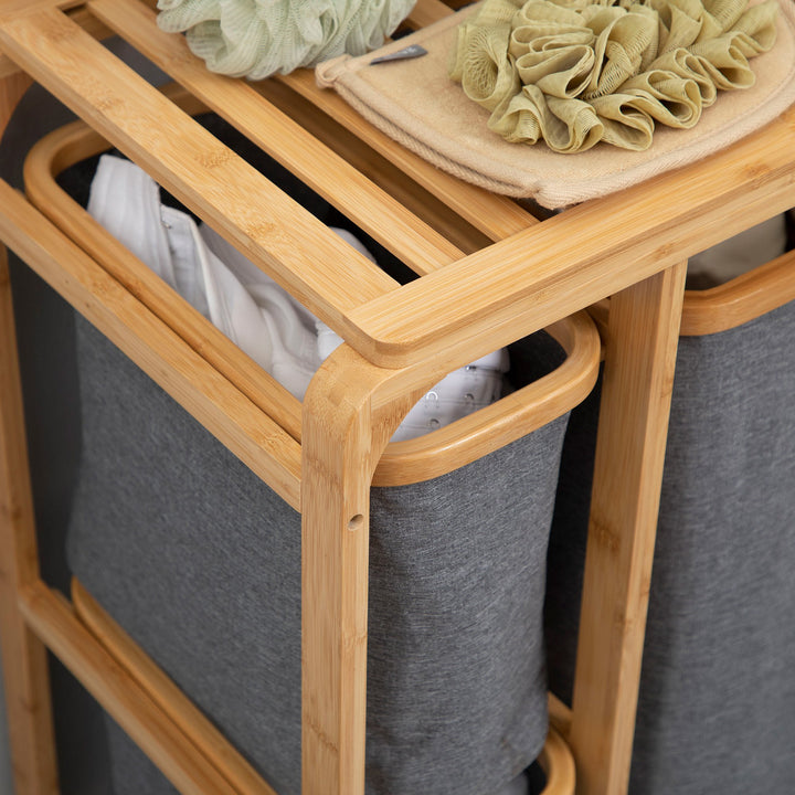 Cesto para Roupa Suja de Bambu Cesto de Roupa com 3 Bolsas de Tecido Amovíveis e Prateleira Aberta para Casa de Banho Dormitório 50x32x69,7cm Cinza e Madeira