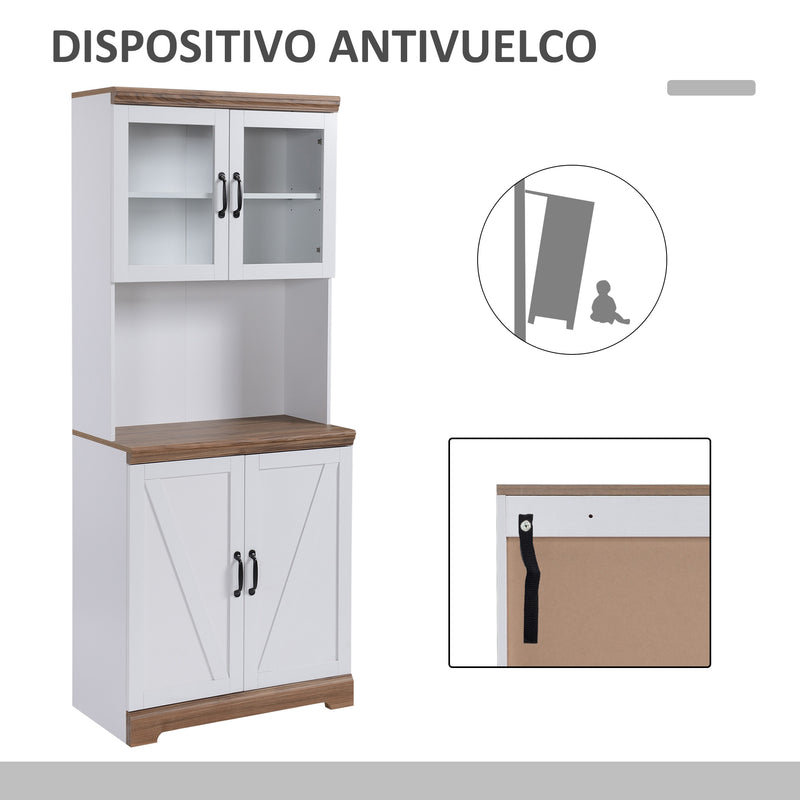 Armário de Cozinha Móvel Auxiliar de Cozinha com 2 Portas de Vidro Prateleiras Ajustáveis Bancada e Armário para Sala de Jantar Sistema Anti-Tombo 72x40x178cm Branco e Madeira