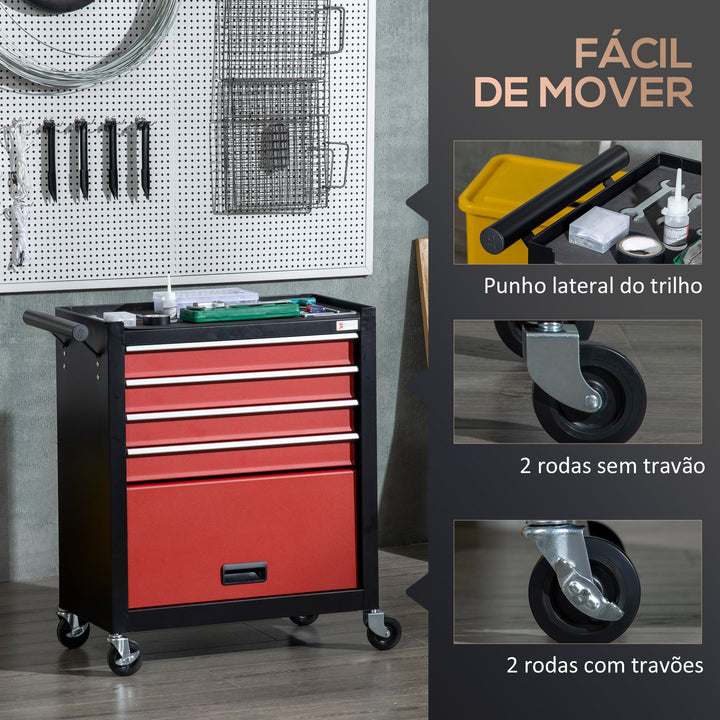 Carro de Ferramentas Móvel com Rodas 4 Gavetas Compartimento de Armazenamento e Alça Lateral Carga 130kg para Garagem Oficina 69x33x75cm Preto e Vermelho