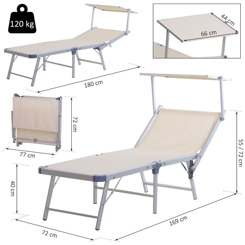 Espreguiçadeira reclinável e dobrável com toldo 169x72x55 / 72cm Bege