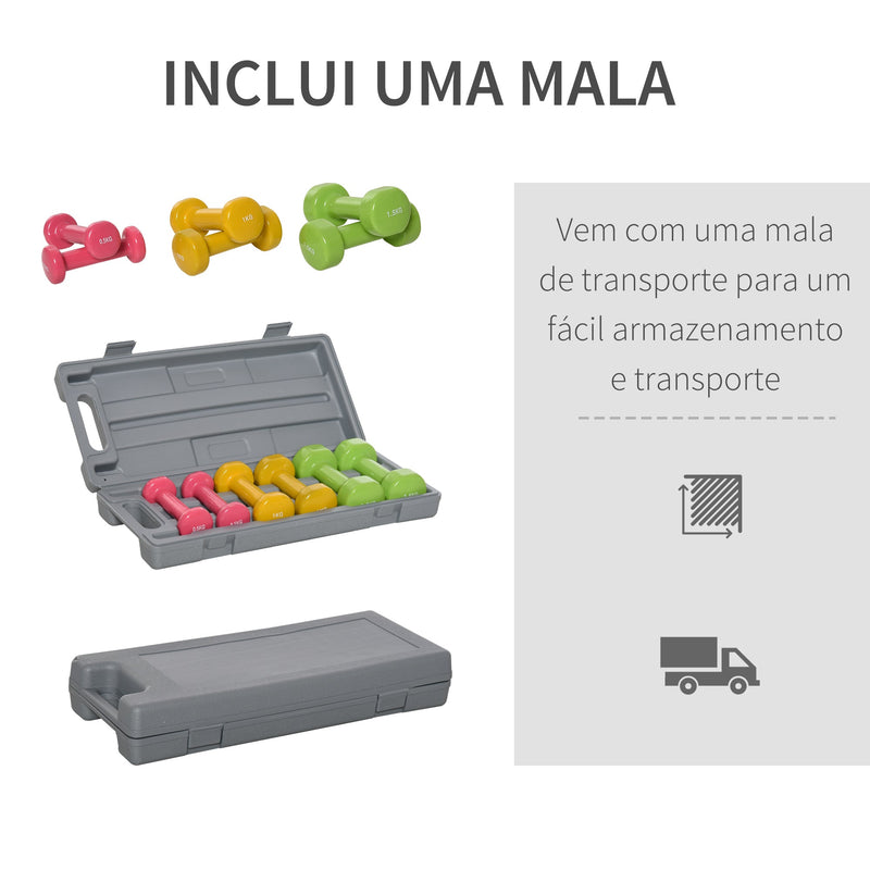 Conjunto de 6 Halteres Hexagonais 3 Pares de 1,5kg, 1kh e 0,5kg Conjunto de Halteres com Maleta de Transporte para Exercícios em Casa Academia Multicor