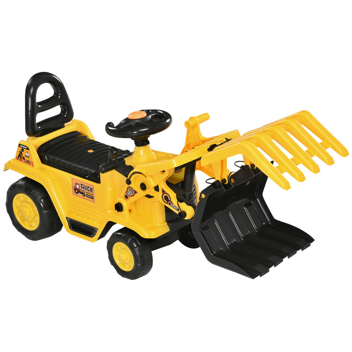 Carro Andador para Crianças acima de 3 Anos Escavadora Infantil com Pá Móvel Assento com Armazenamento Oculto e Buzina Carga Máxima 30kg 83x27x39cm Amarelo