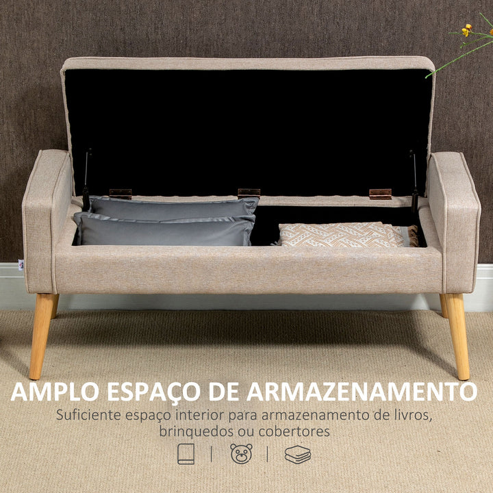 Banco de Armazenamento Baú de Armazenamento Estofado em Linho com Tampa Abatível e Pés de Madeira para Dormitório Sala de Estar Entrada Carga 120kg 120x45x54cm Bege