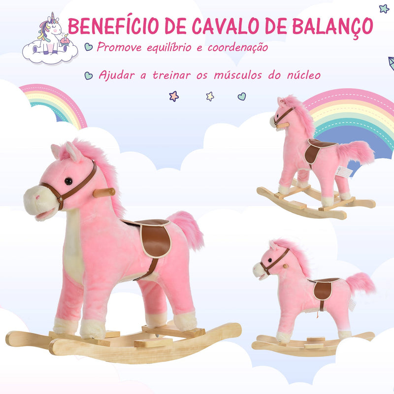 Cavalo de balanço para crianças acima de 36 meses Com boca e cauda móveis Música 65x32,5x61 cm Rosa