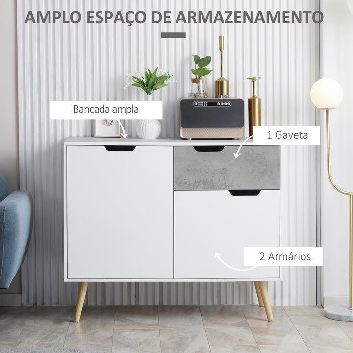 Aparador de Sala de Estar com 2 Portas e 1 Gaveta Aparador para Escritório Estúdio Dormitório Estilo Moderno Anti-Tombo 98x39x81,5cm Branco e Cinza