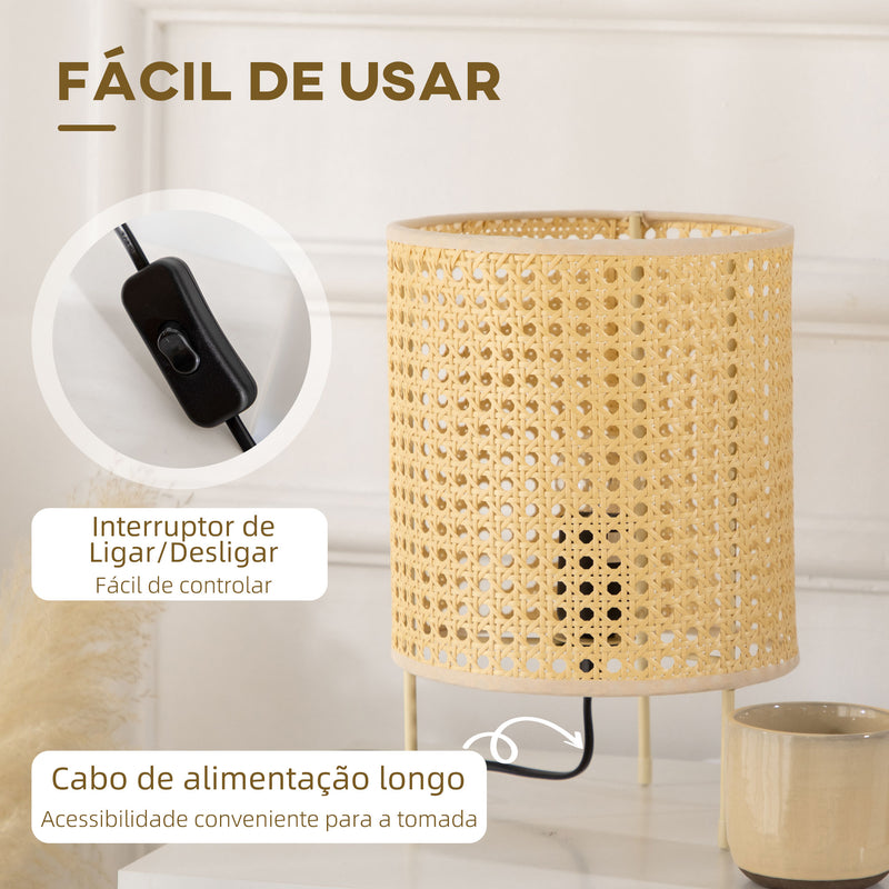 Candeeiro de Mesa Candeeiro de Mesa de Cabeceira Lâmpada E27 Máx. 40W com Ecrã de Vime Sintético Tecido a Mão para Dormitório Escritório Ø20x30,5cm Natural