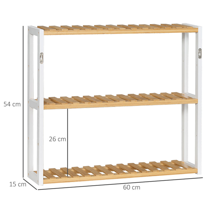 Estante de Parede de Bambu Prateleiras de Parede de 3 Níveis Estante Suspensa para Sala de Estar Dormitório Cozinha Casa de Banho 60x15x54cm Madeira e Branco