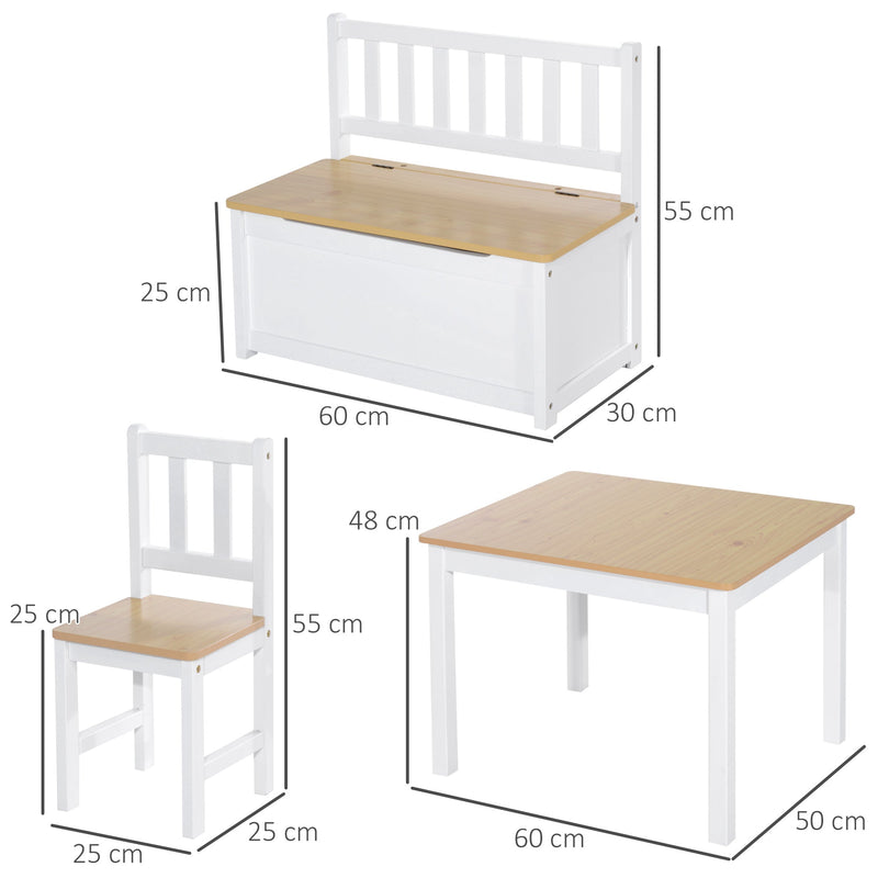 Conjunto Infantil de Mesa 2 Cadeiras e Banco com Armazenamento Móveis Infantil para Sala de Jogos Dormitório Branco e Natural