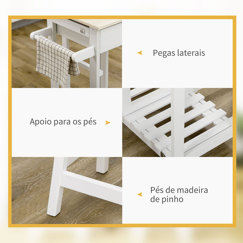 Conjunto de Mesa e 2 Bancos para Cozinha Mesa de Cozinha com Rodas Bancada Dobrável 2 Gavetas Barra para Pendurar e Prateleira de Armazenamento 87x74x86cm Carvalho e Branco