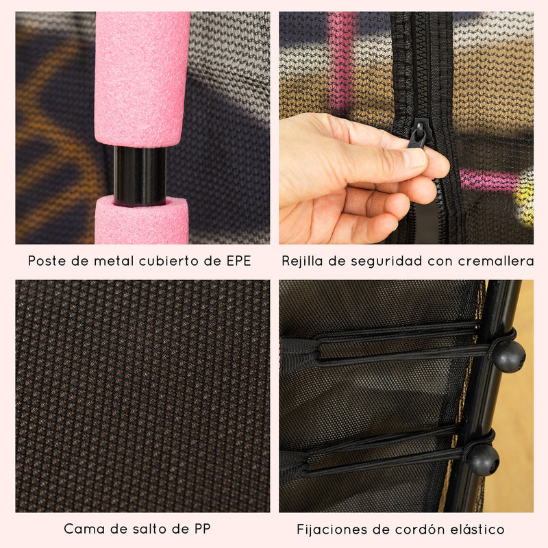 Trampolim para Crianças acima de 3 Anos Cama Elástica Infantil com Rede de Segurança e Estrutura de Aço para Interiores e Exteriores Carga 60kg Ø161x163 cm Rosa