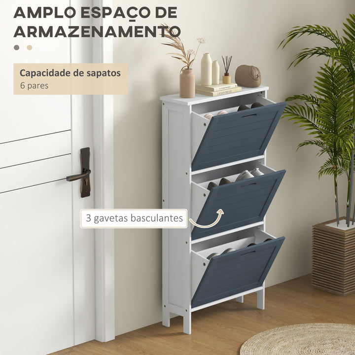 Sapateira Estreita Armário para Sapatos Alto com 3 Compartimentos para 6 Pares de Sapatos para Entrada Corredor 53x18x108,5 cm Cinza e Branco
