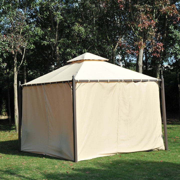Pérgola de jardim 3x3m com telhado duplo 4 cortinas laterais Espaçoso para eventos bege