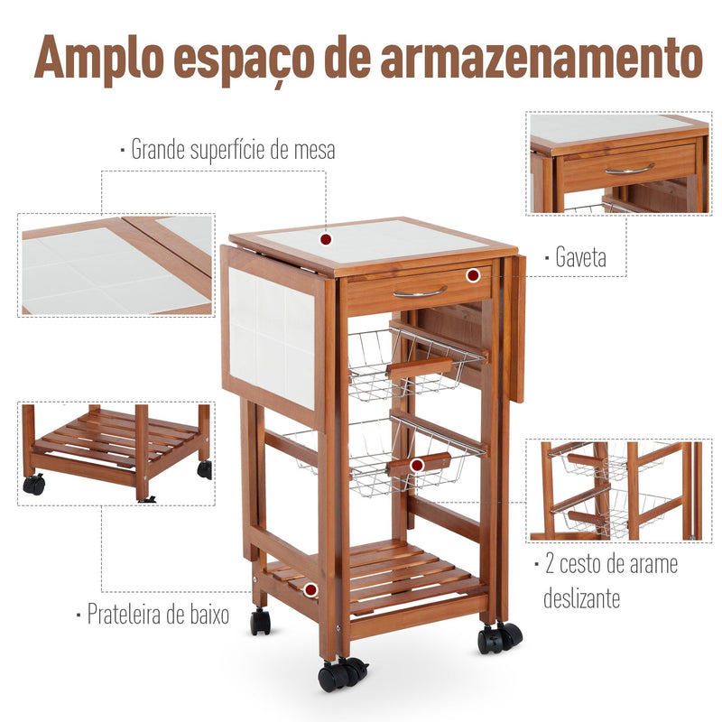 Carrinho de cozinha Serviço Auxiliar de Madeira De metal cromado 6 rodas 91x37x75 cm