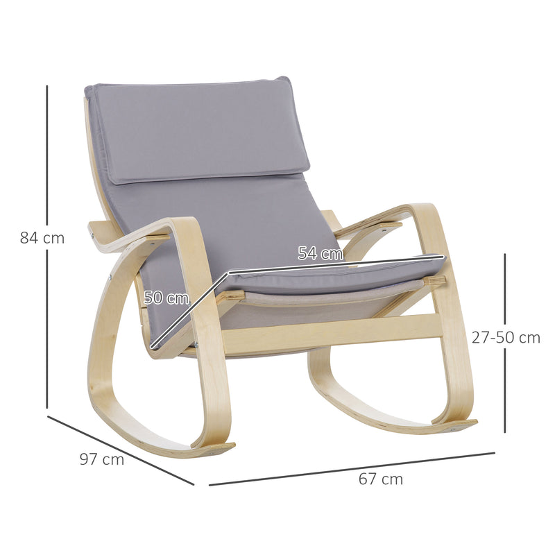 Poltrona Baloiço Estofada em Tecido Poltrona Relax com Almofada Amovível Apoio para os Braços e Pés de Madeira de Bétula para Sala de Estar Dormitório 67x97x84cm Cinza