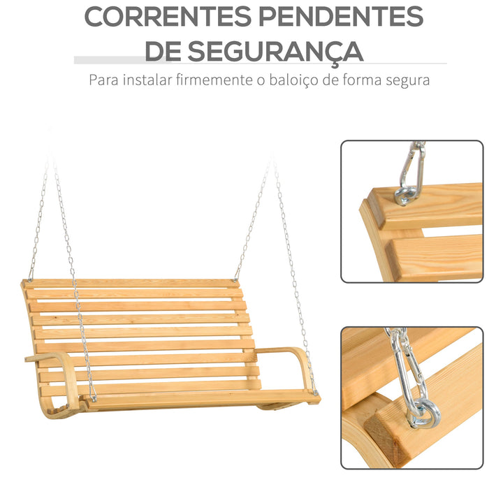 Banco Baloiço de Madeira de 2 Lugares Baloiço Suspenso Carga Máxima 250kg para Jardim Terraço Balcão Exterior 141,5x51x78cm Natural