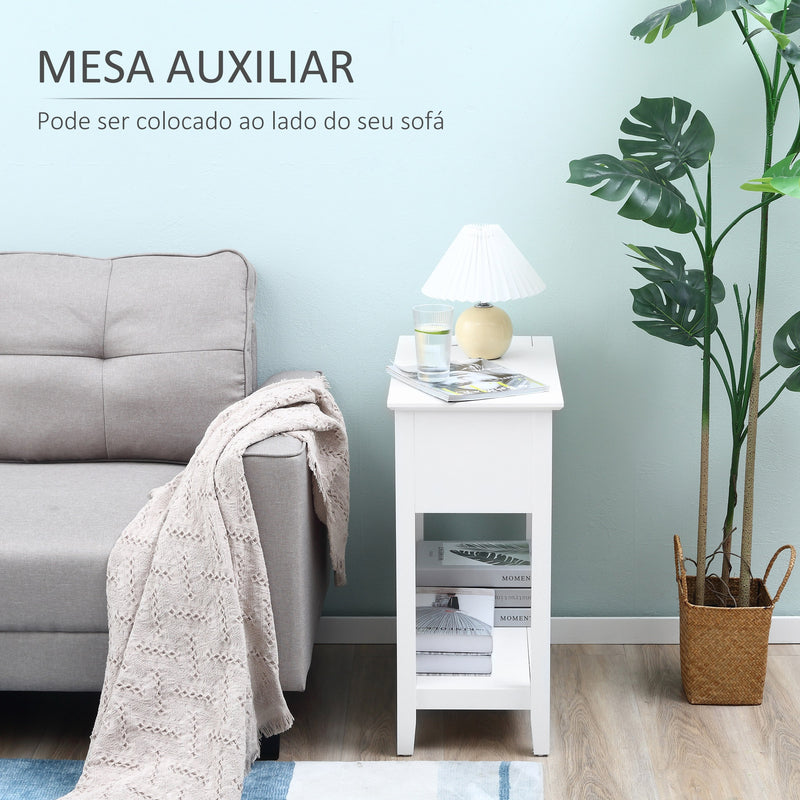 Mesa Auxiliar Mesa Lateral com Tampa Abatível Prateleira de Armazenamento e Orifício para Cabos Oculto para Sala de Estar Dormitório 60,5x32,5x70cm Branco