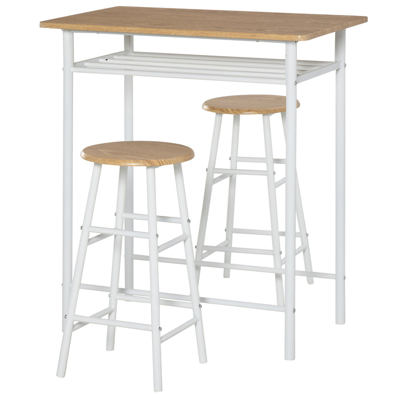 Conjunto de Móvel Bar Conjunto de Mesa Alta e 2 Bancos com Prateleira de Armazenamento e Estrutura de Metal para Cozinha Sala de Jantar 80x50x90cm Branco e Madeira