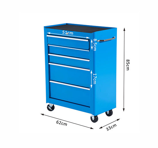 Carrinho de Ferramentas de Aço com 5 gavetas e 4 rodas Azul 61,5x33x85 cm