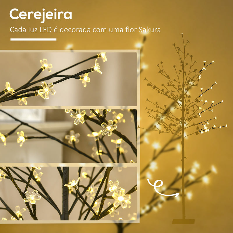 Árvore Cerejeira com 150 Luzes LED IP44 Branco Quente Árvore Decorativa com Ramos Flexíveis para Sala de Estar Festas Interior 17x17x150cm Preto