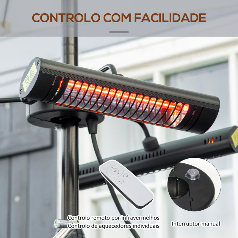 Aquecedor Elétrico de Exterior com 3 Painéis 1000W Aquecedor de Infravermelhos com Controlo Remoto Proteção IPX5 Liga de Alumínio para Chapéu de Sol Pérgola 87x75x22cm Preto