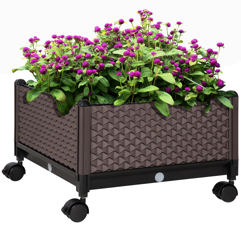 Floreira de Plástico com Rodas Floreira de Jardim com Orifícios de Drenagem para Cultivo de Plantas em Exterior Pátio 50x50x33cm Marrom