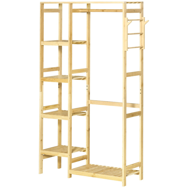Charriot de Bambú Charriot de Pé com Prateleiras de 4 Níveis com Barra Prateleira Inferior e Cabide Lateral para Roupas Bolsas Dormitório 90x30x155cm Natural