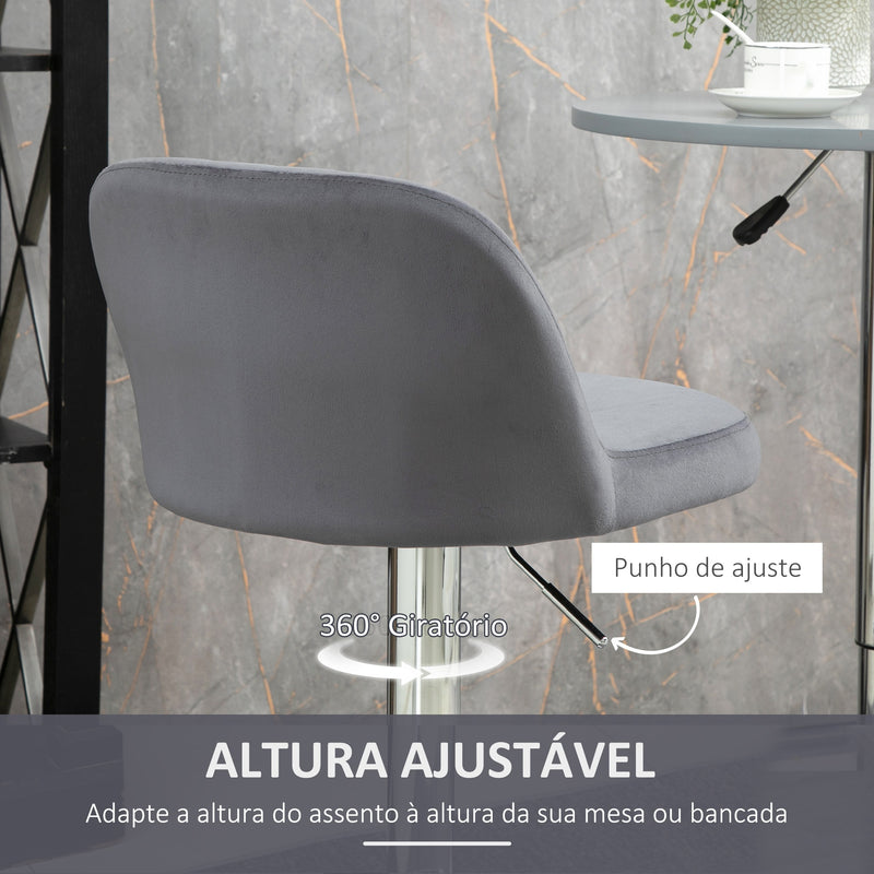 Conjunto de 2 Bancos de Bar Estofados em Pelúcia Bancos Altos de Sala de Jantar com Altura Ajustável Assento Giratório e Apoio para os Pés Carga Máxima 120kg 43x45x81-101cm Cinza