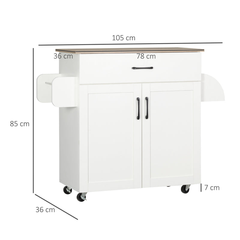 Carrinho de Cozinha com 1 Gaveta 2 Portas Suporte para Panos e Especies Carrinho Auxiliar com Rodas para Sala de Jantar Carga Máxima 105x36x85cm Branco