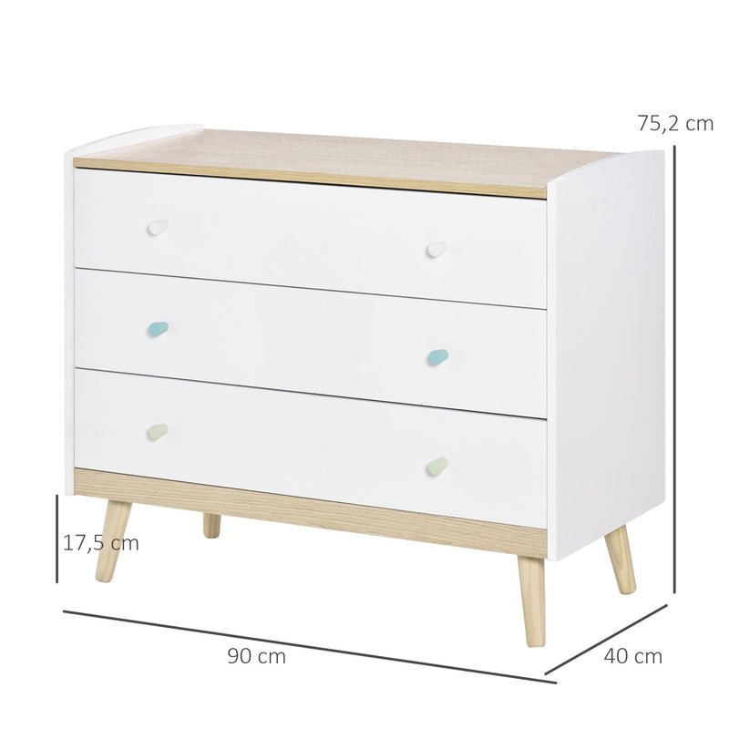 Cómoda Infantil com 3 Gavetas Pés de Madeira amplo espaço de Armazenamento para Brinquedos Roupa Livros 90x40x75,2cm Branco