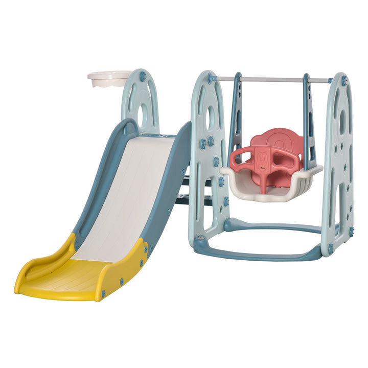 Escorrega Infantil com Baloiço e Cesta de Basquetebol 3 em 1 para Crianças acima de 18 meses com Assento Ajustável Centro de Atividades para Interior e Exterior 145x190x97cm Multicor