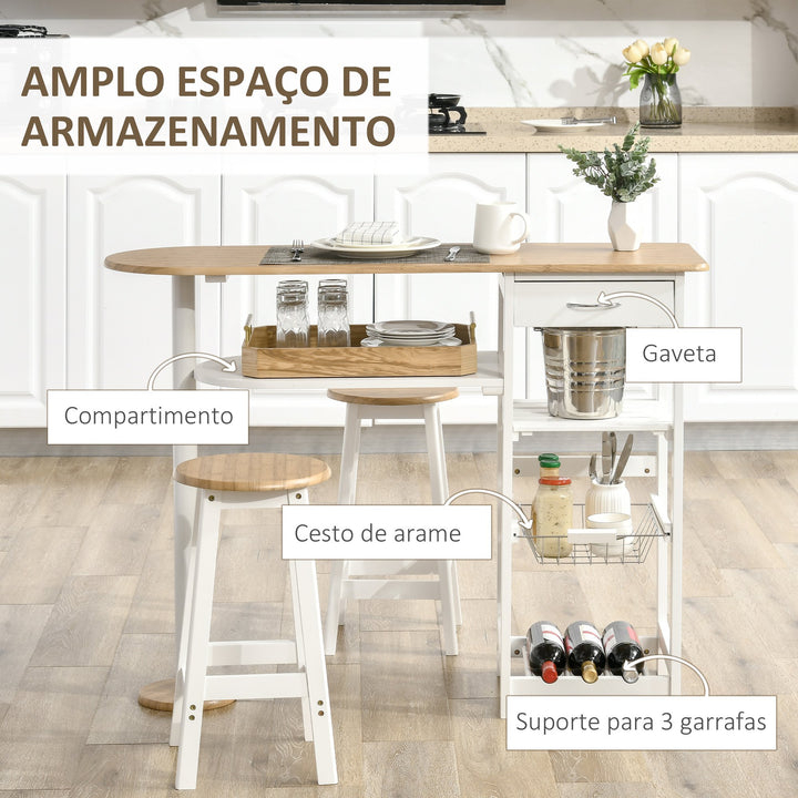 Conjunto de Mesa de Bar com 1 Gaveta 2 Prateleiras Cesta Removível e Suporte para Garrafas Mobiliário Alto com Mesa 119x38,5x88,5cm e 2 Bancos 29x29x55cm para Sala de Jantar Cozinha Branco