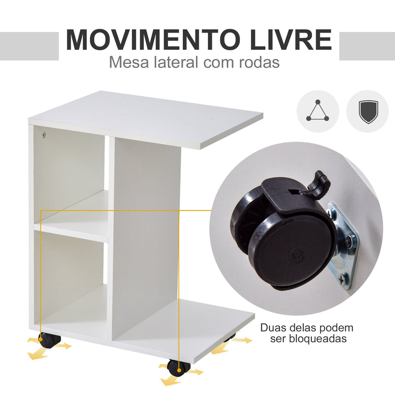 Mesa de Apoio para Sofá em forma de C com prateleiras e rodas para sala de estar e quarto 45x35x58 cm Branco