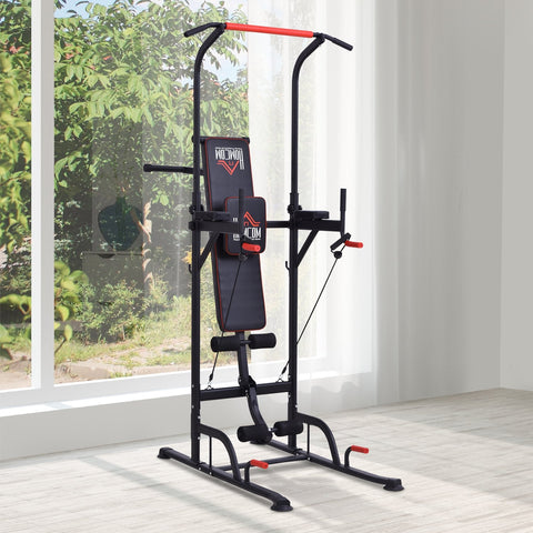 Estação de Musculação Multifuncional Torre de Treinamento com Altura Ajustável com Banco Dobrável Barra de Elevação para Fitness 220x98x181-229cm Preto