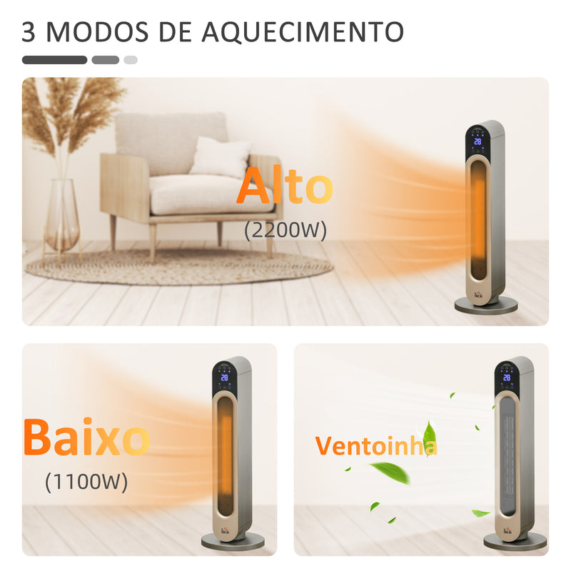 Aquecedor Cerâmico de Torre 1100/2200W com Controlo Remoto Ecrã LED Temporizador de 12h Termostato 3 Modos e Oscilação para 20-25m² Ø25x73,5cm Prata